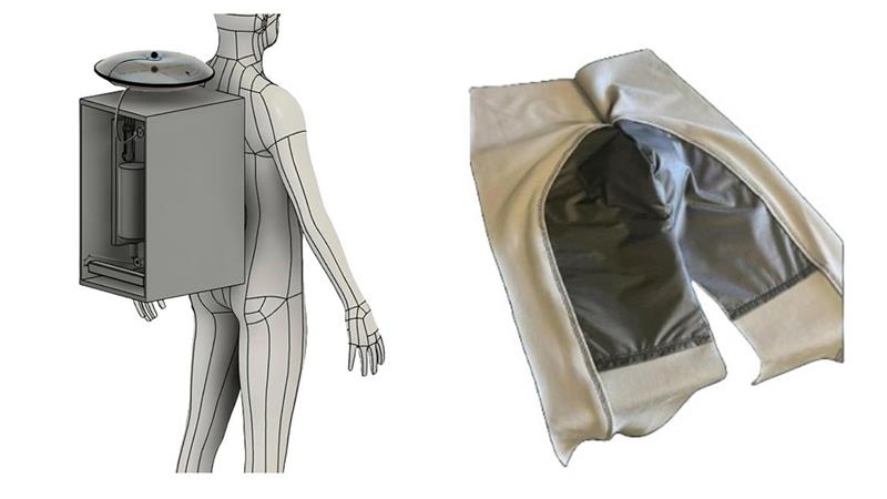 Two images side by side. The first is a side view of a digital human wearing the filtration system. It is shaped like a rectangular box and you can see tubes and cylinders inside. There is also a tube connecting the interior to a compressed sphere-like shaped object on top of the box. The second image is a pair of the new absorbent undergarments. The material looks shiny. The top and the sides of the legs are made of a cream coloured material while the around around the groin is made of a dark nylon looking fabric. Two images side by side. The first is a side view of a digital human wearing the filtration system. It is shaped like a rectangular box and you can see tubes and cylinders inside. There is also a tube connecting the interior to a compressed sphere-like shaped object on top of the box. The second image is a pair of the new absorbent undergarments. The material looks shiny. The top and the sides of the legs are made of a cream coloured material while the around around the groin is made of a dark nylon looking fabric.