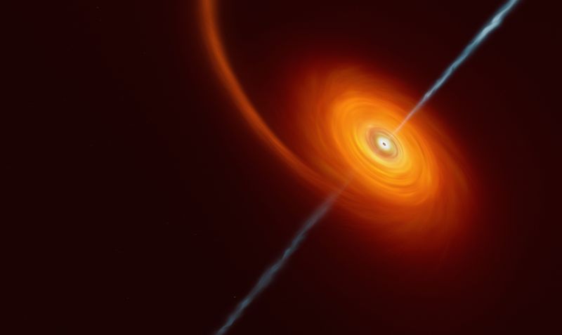 Artist’s impression of a black hole swallowing a star, an orange spiral disc with a light blue beam of light emanating in both directions from the centre