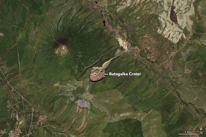 A satellite image of Siberia's Batagaika crater in 2016.