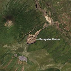 A satellite image of Siberia's Batagaika crater in 2016.
