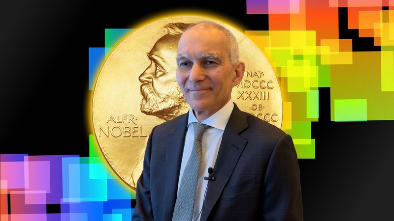 A snap from our video interview showing bawendi overimpose on the nobel prize and colorful sqaure behinds