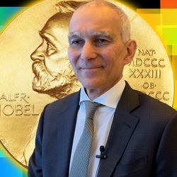 A snap from our video interview showing bawendi overimpose on the nobel prize and colorful sqaure behinds