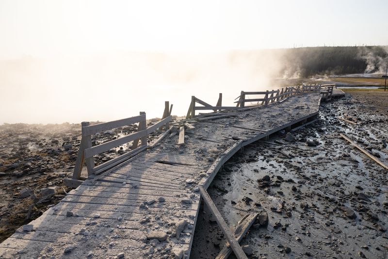 Biscuit Basin hydrothermal explosion: Boardwalk condition post-explosion.