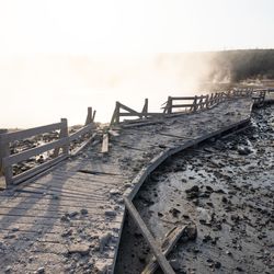 Biscuit Basin hydrothermal explosion: Boardwalk condition post-explosion.