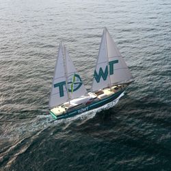 A 3D artist's impression of the world's largest sailing cargo boat in action.