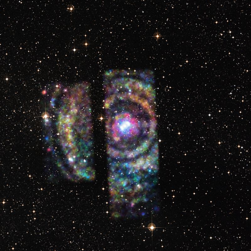A starry sky. Overlayed colorful concentric circles surronding a bright object: the x-ray binary.