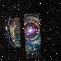 A starry sky. Overlayed colorful concentric circles surronding a bright object: the x-ray binary.