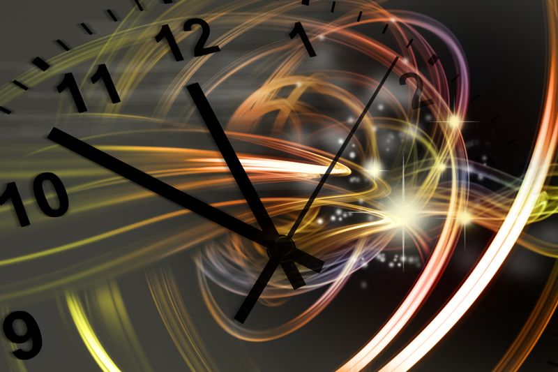 Hands of clock pointing to seven minutes tp twelve, w with a particle interaction render in the background