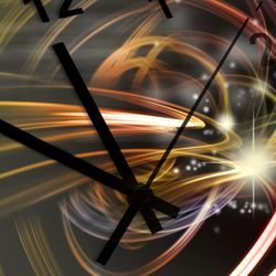 Hands of clock pointing to seven minutes tp twelve, w with a particle interaction render in the background
