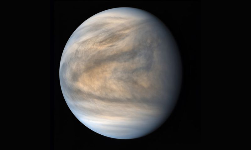 A false-color image of the sulfurous Venusian cloud cover was produced using two ultraviolet channels from Akatsuki, the Japanese PLANET-C, and Venus Climate Orbiter, which highlights the convective turbulence of the planet's tropical regions, in contrast with the clear, smoother polar regions. 