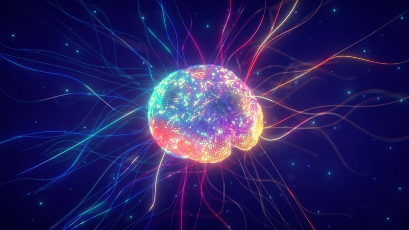 Light filaments emanating from an illustration of a brain 