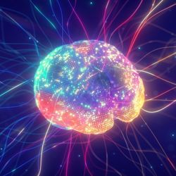Light filaments emanating from an illustration of a brain 