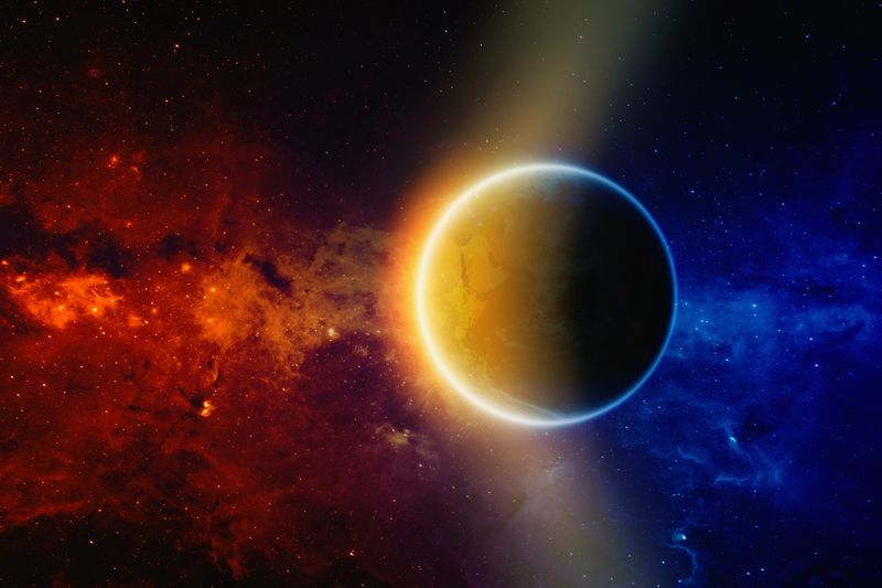 illustration of earth in space, half of the planet is covered in a yellow glow