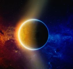 illustration of earth in space, half of the planet is covered in a yellow glow