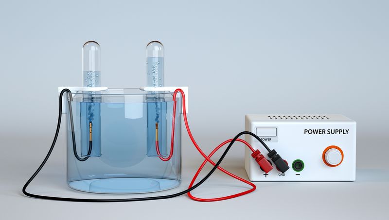 Electrolysis of water experimental set up: black and red wires connect to power supply and also to test tubes in a water tank
