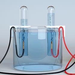 Electrolysis of water experimental set up: black and red wires connect to power supply and also to test tubes in a water tank