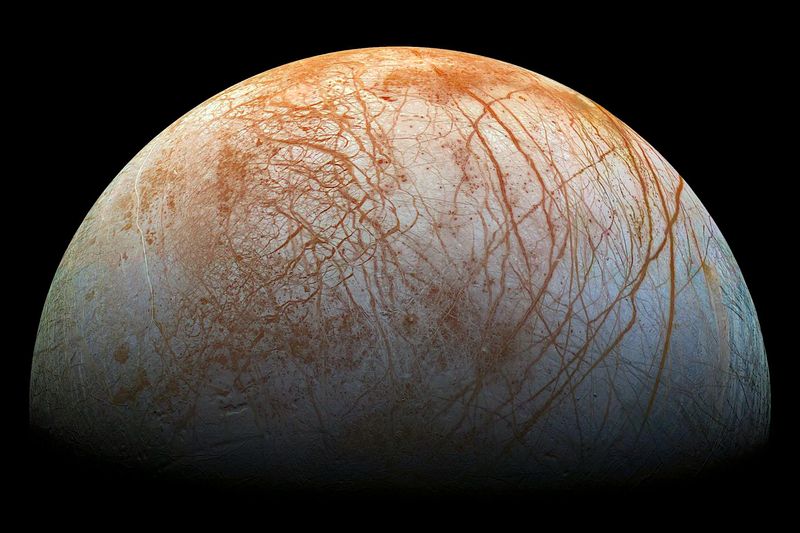 This satellite image shows red streaks across the surface of Europa, the smallest of Jupiter’s four large moons. 