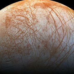This satellite image shows red streaks across the surface of Europa, the smallest of Jupiter’s four large moons. 