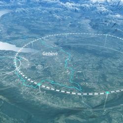 The image is a 3D map of the area arounc Geneva. The LHC is seen floatin above the map to the west of the city. The FFC is seen to the East of it enccompassing more than just the city and going under lake geneva and the surrounding mountains