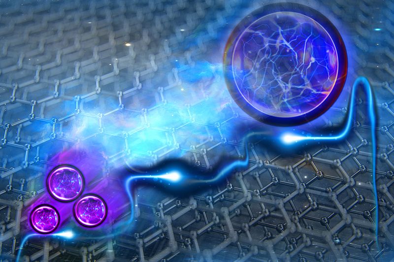 artist impression showing honeycomb lattices of graphene overlayed and aomething that look like an electron moving through them.