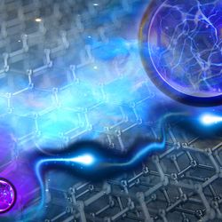 artist impression showing honeycomb lattices of graphene overlayed and aomething that look like an electron moving through them.
