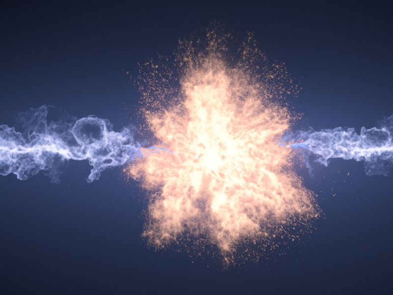 Artist impression of two trails of smoke meeting in a bright explosion as a representation of fusion