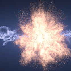 Artist impression of two trails of smoke meeting in a bright explosion as a representation of fusion