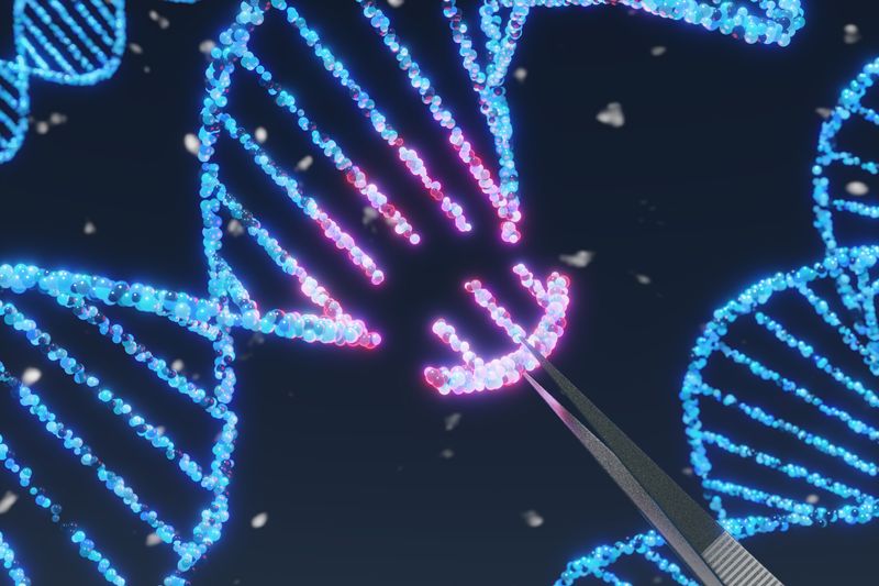 blue DNA strand with red section being removed with tweezers, concept art for gene editing or gene therapy