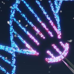 blue DNA strand with red section being removed with tweezers, concept art for gene editing or gene therapy