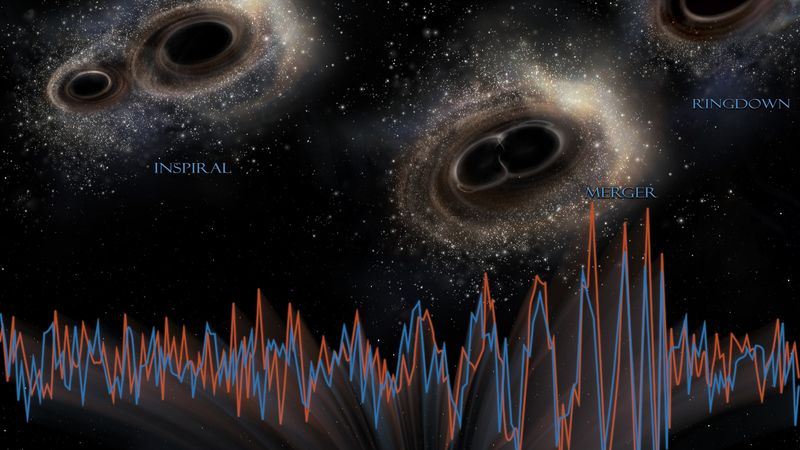 The waves from the gravitational collision illustrated with the relative position of the two black holes, approaching, merging and then settling.