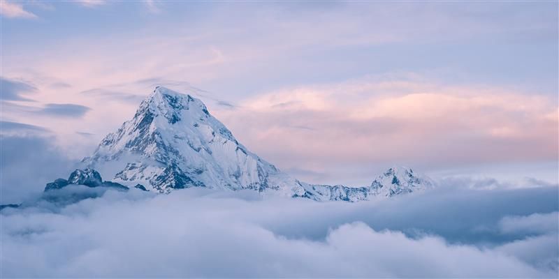 A photo of a mountain top peaking out above the clouds. The mountain top is wedge-shapes and covered in snow with a few patches of rock showing through. The sky behind is pale, illuminated by the morning light. 
