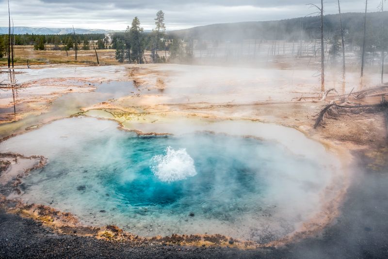  Steam rises from the Firehole Spring geothermal hotspring at Yellowstone National Park in the US   