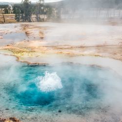  Steam rises from the Firehole Spring geothermal hotspring at Yellowstone National Park in the US   