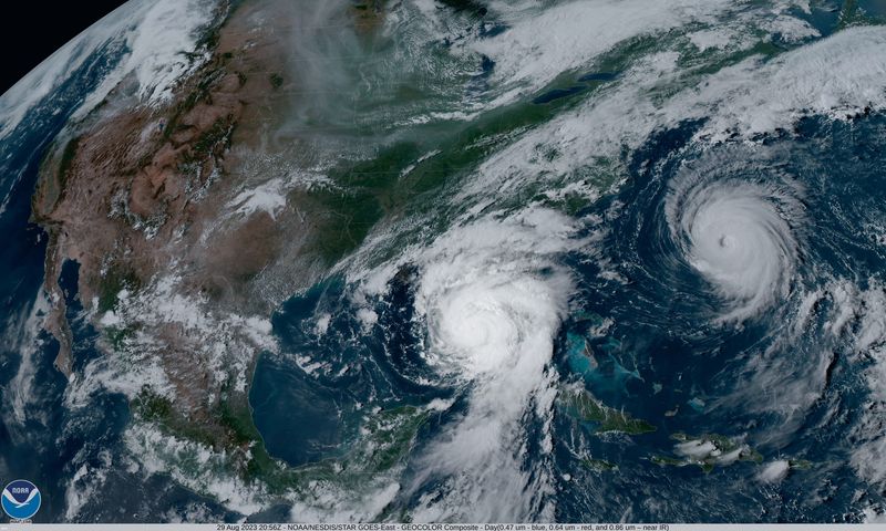 NOAA's GOES-16 satellite captured Hurricane Idalia approaching the western coast of Florida while Hurricane Franklin churned in the Atlantic Ocean at 5:01 p.m. EDT on August 29, 2023. 