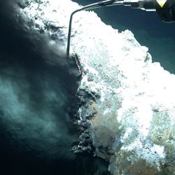 Fluids gush out of a "black smoker" at the Jotul hydrothermal field.
