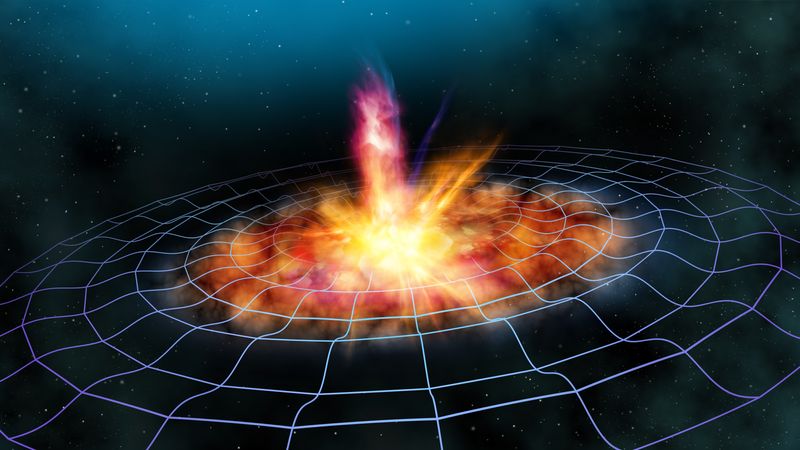 Illustration of a gravitational wave, an orange-red explosion surrounded by a rippling blue grid