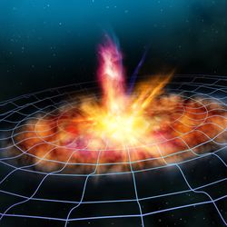 Illustration of a gravitational wave, an orange-red explosion surrounded by a rippling blue grid