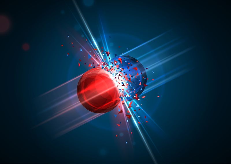 Illustration of a red sphere (left) and a blue sphere (right) colliding, a flash of white light and particles emerging from their collision