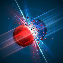 Illustration of a red sphere (left) and a blue sphere (right) colliding, a flash of white light and particles emerging from their collision