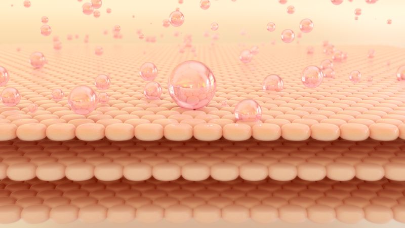 Illustration of three separated cream-colored layers of cells, with pink bubbles sinking into the top layer from above
