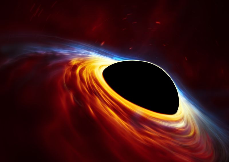 A black hole is seen as a black semispher and around it it's a colorful stream of wispy clouds.