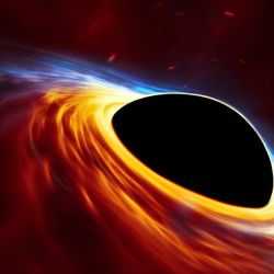 A black hole is seen as a black semispher and around it it's a colorful stream of wispy clouds.