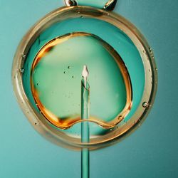 On the left a needle being inserted vertically into a cell to signify IVF treatment, on the right and out of focus the torso of a pregnant person with hands cradling bump