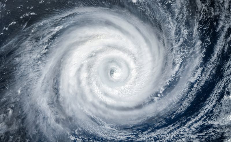 Swirling hurricane over the ocean seen from above