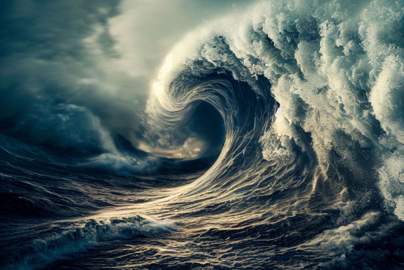 Huge tsunami wave breaking