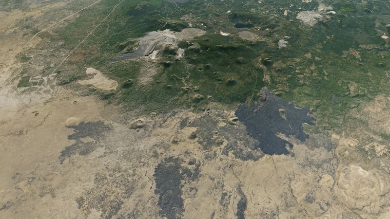 A satellite image of Lava Beds National Monument, featuring four of its lava flows.