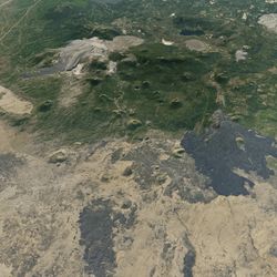 A satellite image of Lava Beds National Monument, featuring four of its lava flows.