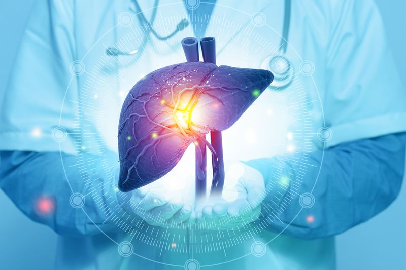 3D rendered image of human liver in purple with major blood vessels shown and highlighted in yellow, background shows torso of someone in scrubs and stethoscope holding their hands out
