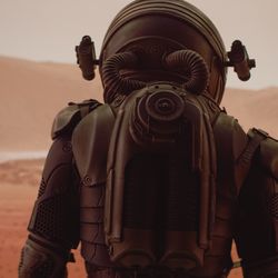 Back view of astronaut wearing space suit walking on a surface of a red planet. Martian base and rover in the background. 