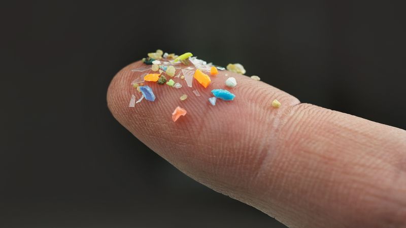 Macro shot of microplastics on a human finger.